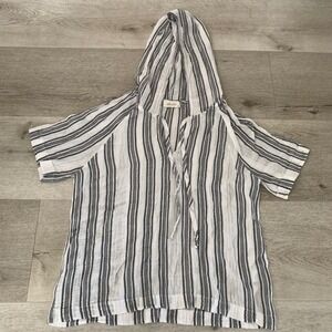 Bella Dahl White Vertical Stripe Frayed Hem V-Neck Hooded Blouse Tunic XS
